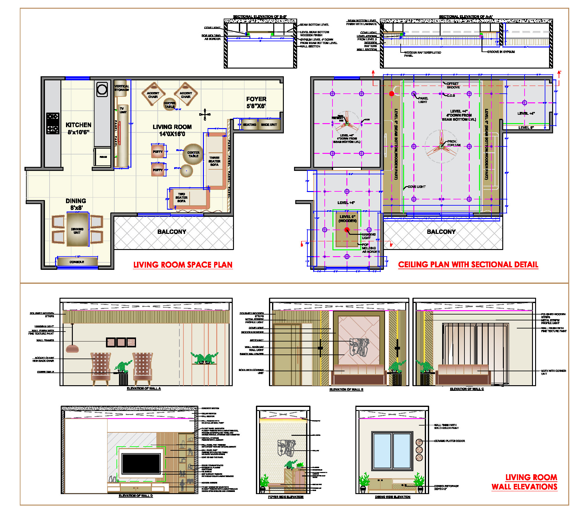 Living & Dining Room DWG- Detailed Design, Ceiling, and Layout